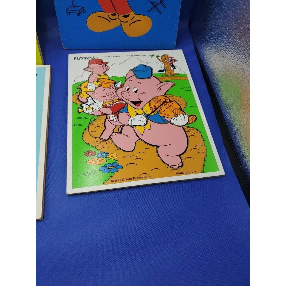 VTG 4 Playskool Wooden Puzzles Big Bird Grover Mickey 3 Little Pigs Sesame St